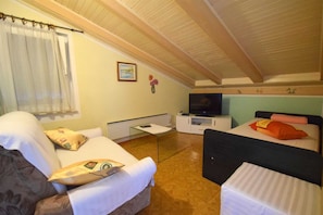 Une pièce confortable avec un canapé, un lit, une télévision et une petite table.