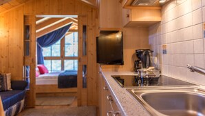 Een houten cabinestijl interieur met een kitchenette, een bed met uitzicht en een televisie.