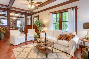 Smart TV, fireplace, books