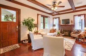 Smart TV, fireplace, books