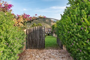 Un chemin de pierres menant à une porte en bois, entouré d’une végétation luxuriante et de plantes en fleurs.