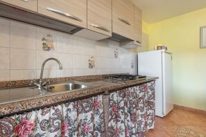 Kylskåp, spishäll, grytor/köksredskap och kryddor