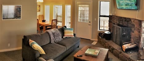Smart TV, fireplace, video games, DVD player
