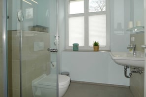 A bathroom with a glass shower enclosure, a toilet, a sink, and a window with blinds.