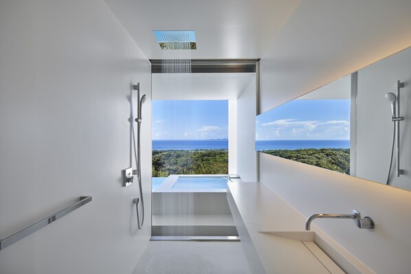 Separate bathtub and shower, rainfall showerhead, hair dryer, bathrobes