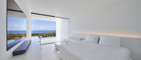 Habitación Deluxe, 1 cama de matrimonio grande, piscina privada, vistas al mar | Ropa de cama de alta calidad y colchones con acolchado adicional