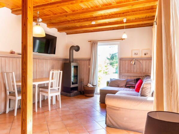 A cozy room with a wooden ceiling, a fireplace, a dining area with chairs, a sofa, and a TV mounted on the wall. - Holiday house Schwalbennest (Ummanz)