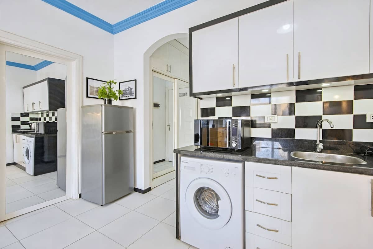 Full-size fridge, microwave, stovetop, coffee/tea maker