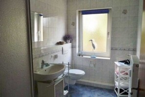 Shower, hair dryer, soap, toilet paper