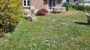A house with a thatched roof, a brick exterior, and a grassy yard with white flowers.