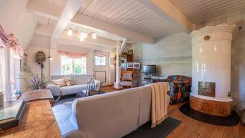 Flat-screen TV, fireplace
