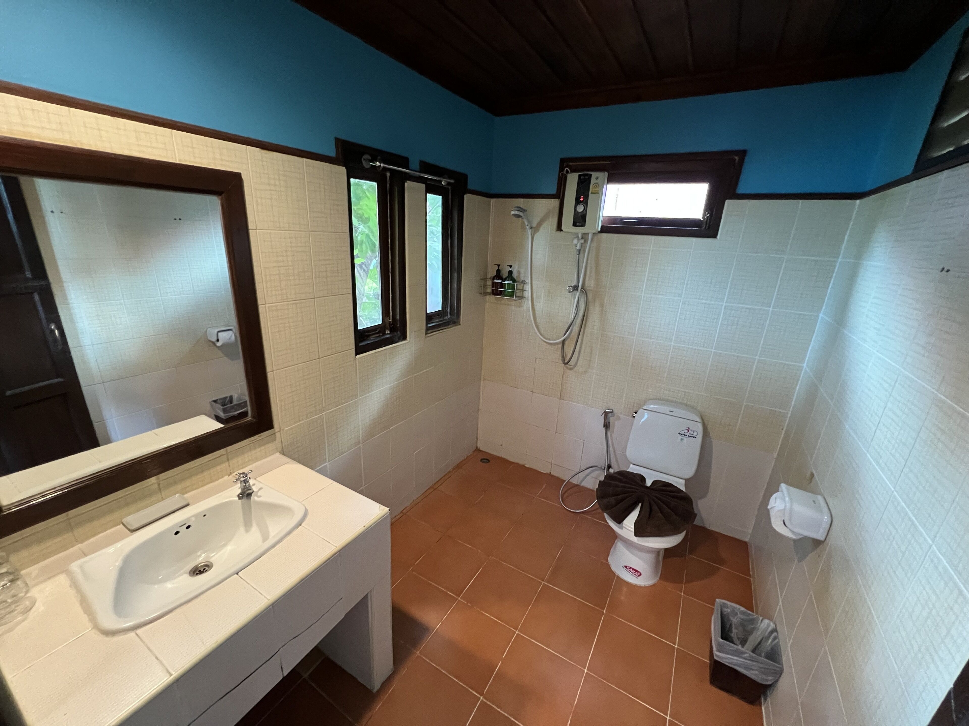 A bathroom with a sink, toilet, shower, and a window.