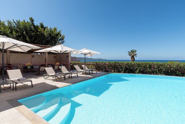 Outdoor pool, pool umbrellas, pool loungers