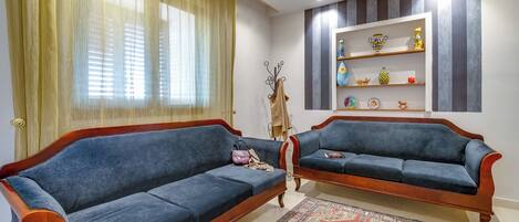A living room with two blue sofas, a patterned rug, a decorative shelf with items, and a window with curtains.