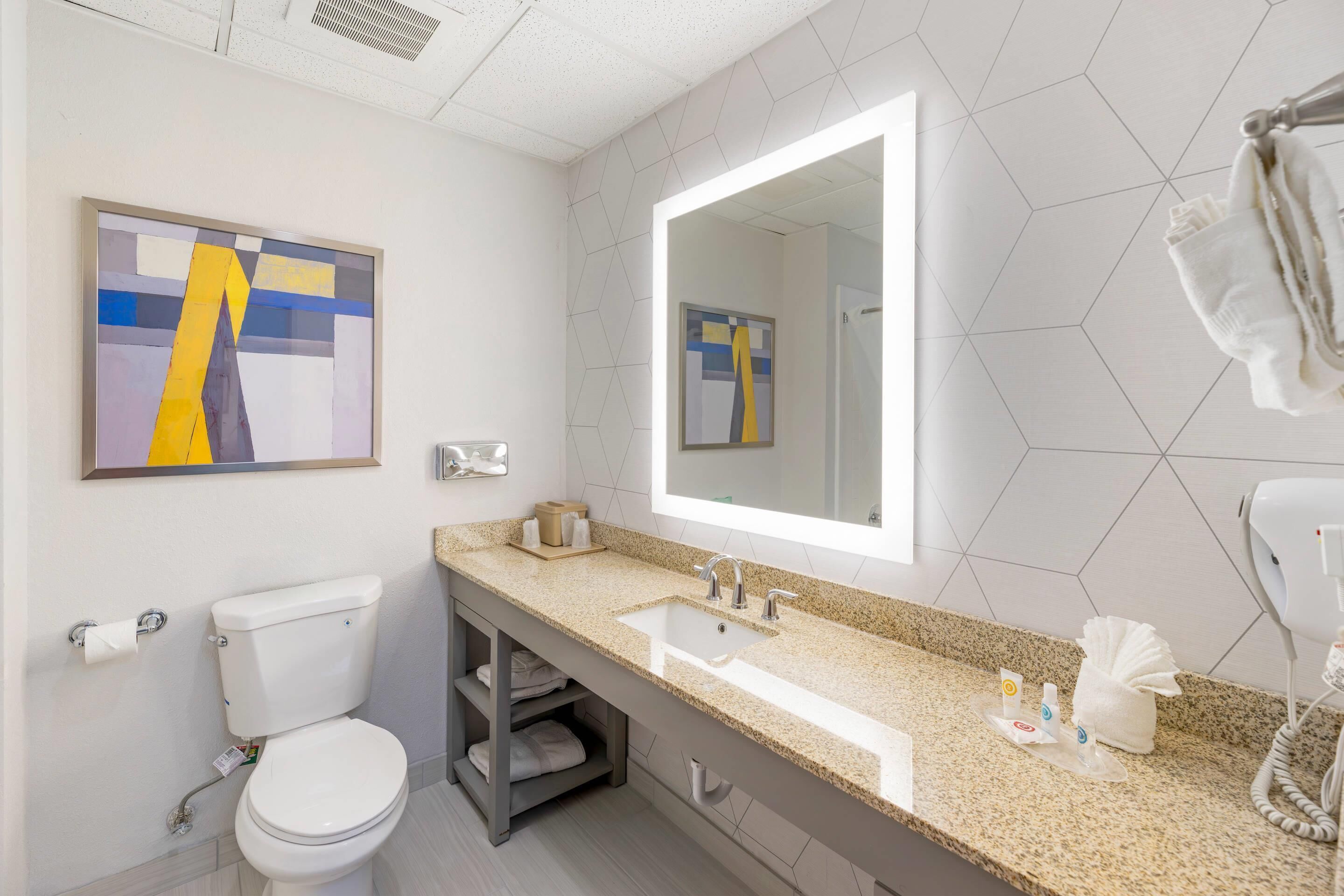 A modern bathroom with a toilet, sink, and large mirror. There is a towel rack and a hairdryer on the wall.