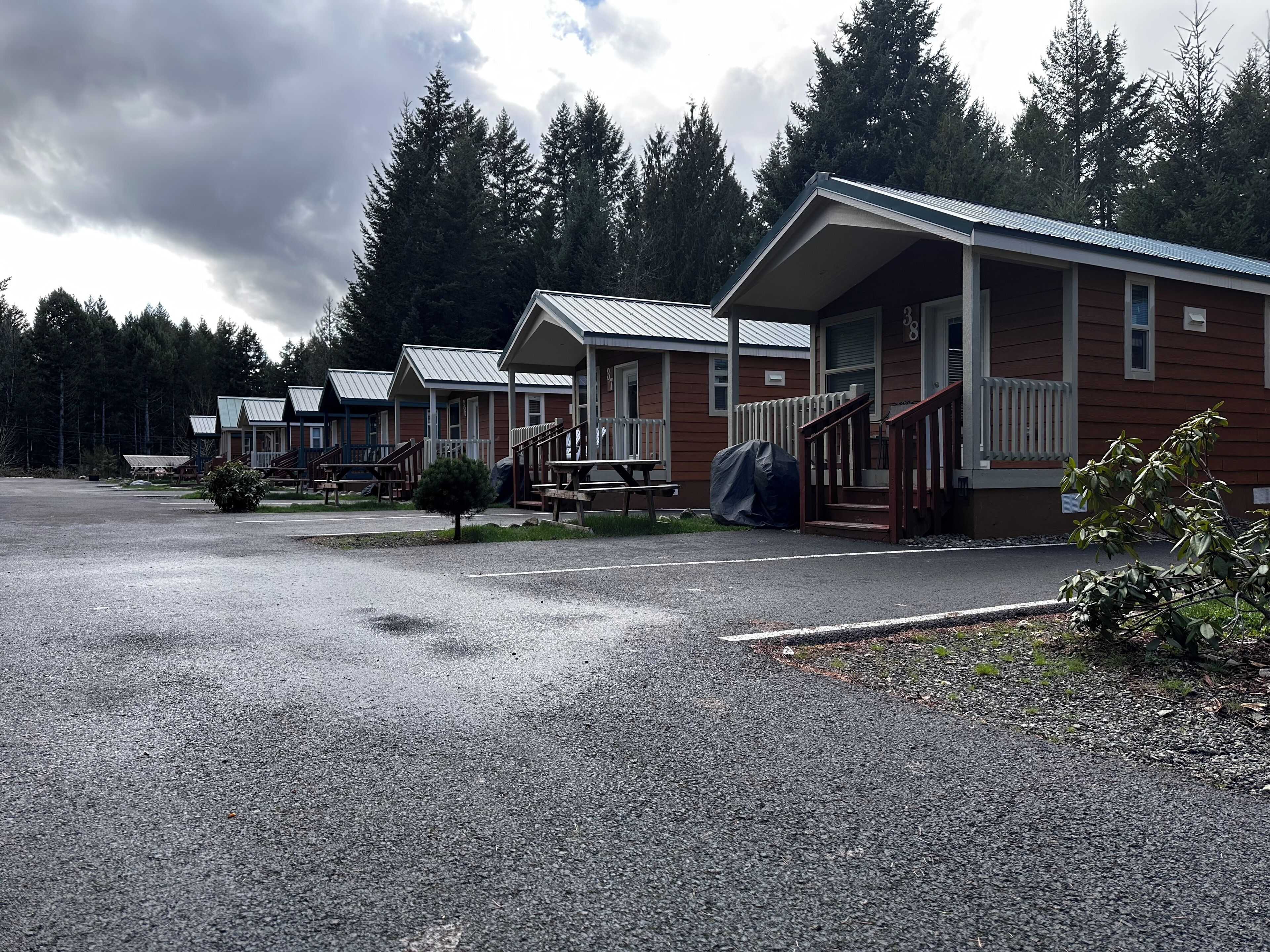 A row of cabins with a gravel parking area and a forest backdrop.