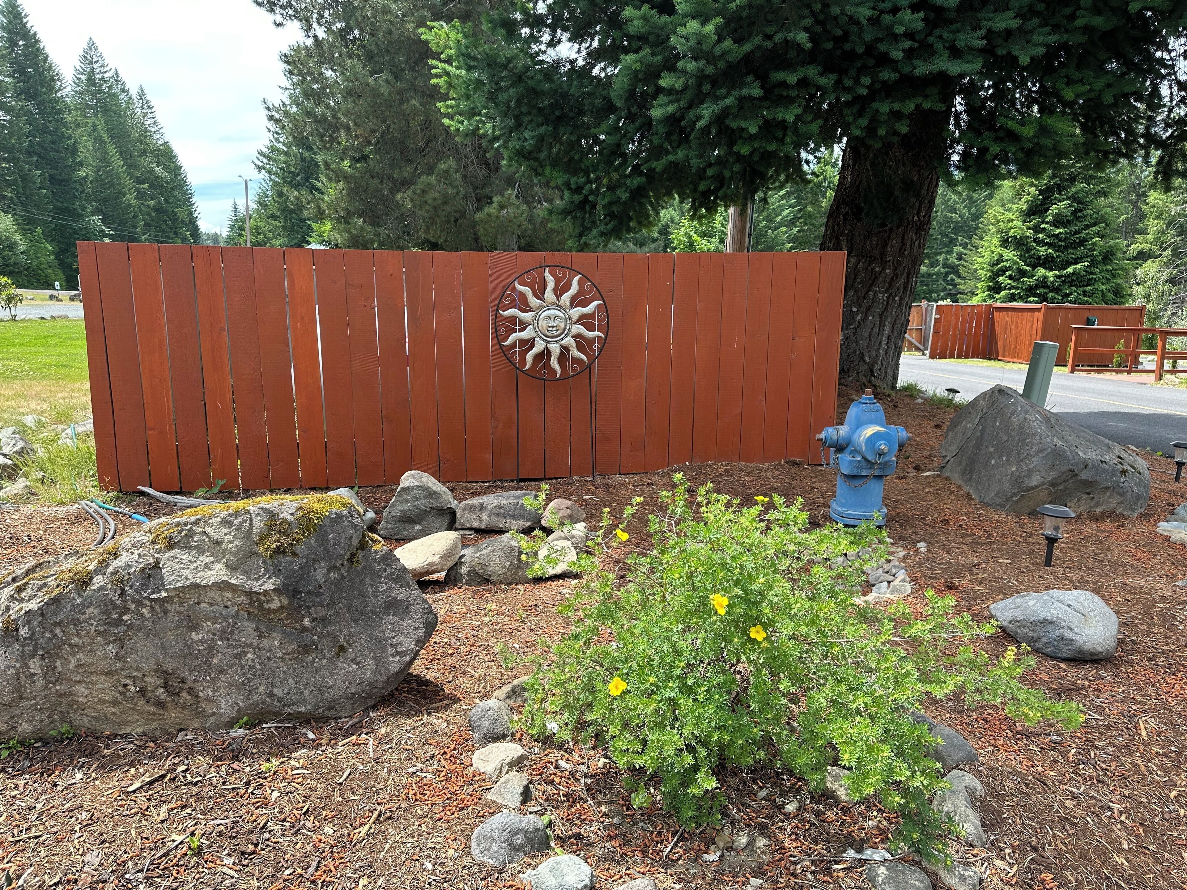 A wooden fence with a decorative sun emblem, a blue fire hydrant, and a rock garden with yellow flowers.
