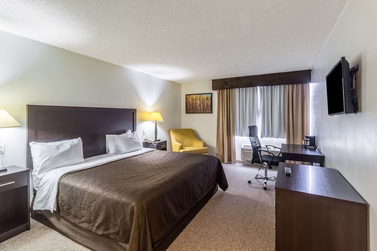 Habitación de hotel con cama, escritorio, silla, televisión y lámpara.