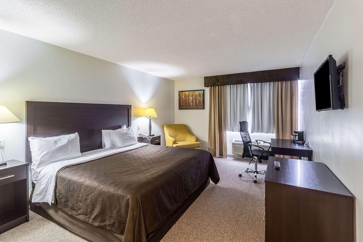 Una habitación de hotel con cama, escritorio, silla, televisor y lámpara.