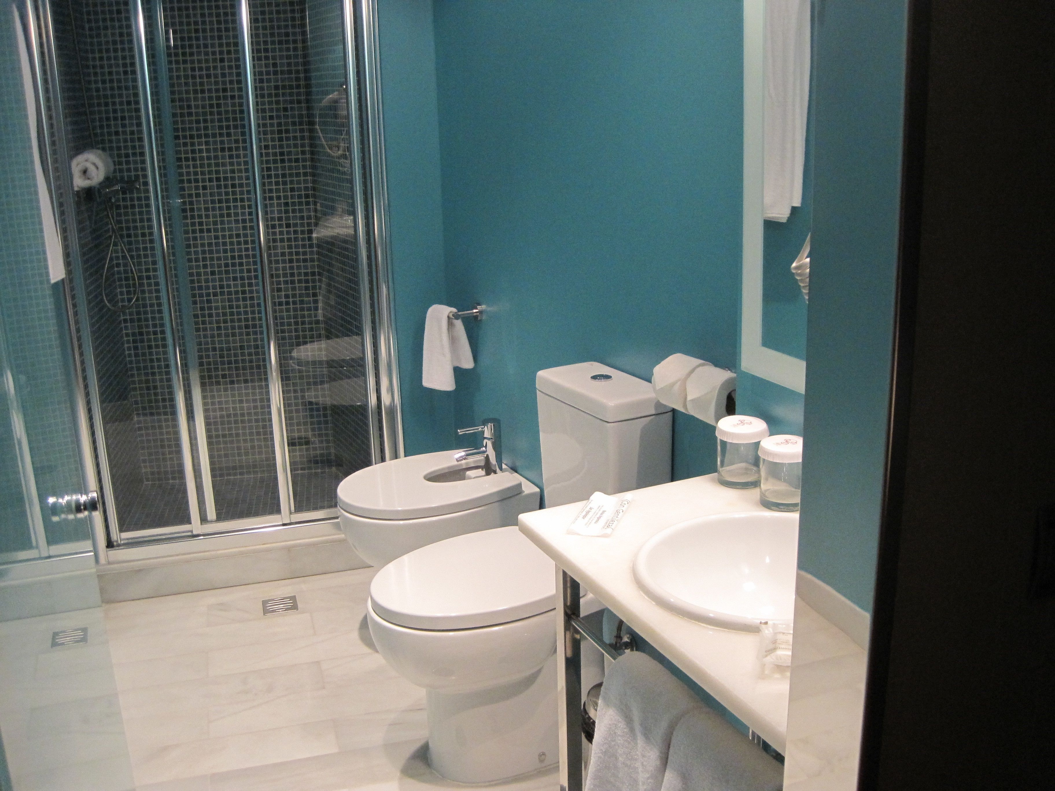 free toiletries, hair dryer, bidet, towels