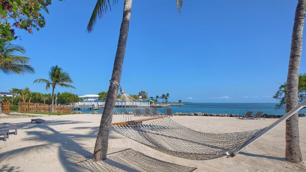 A hammock on a sandy beach with palm trees, a pool, and lounge chairs in the background. - Seascape Resort & Marina (Marathon)