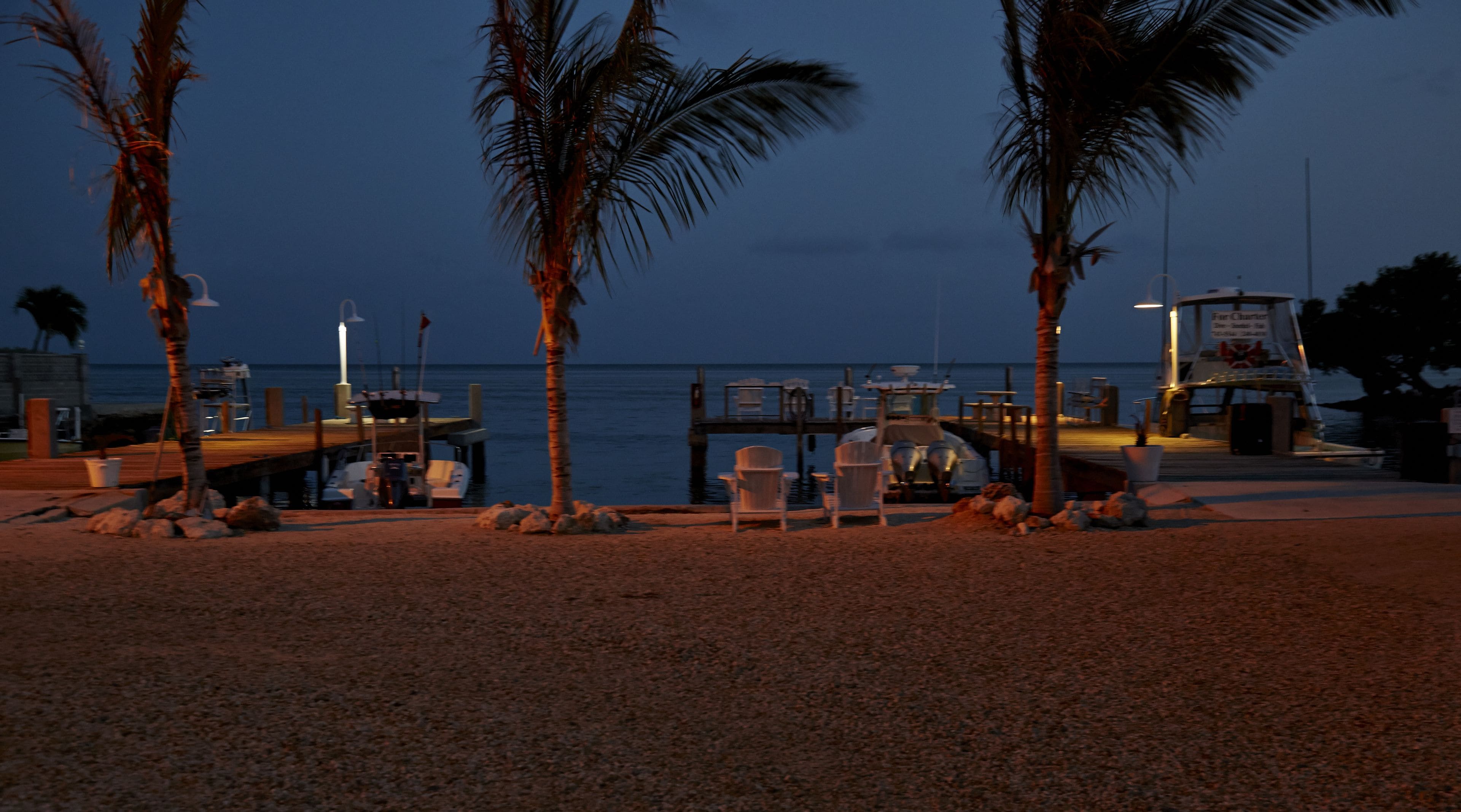 Une jetée au bord de la plage, avec un quai pour bateaux, des palmiers et un poste de surveillance des sauveteurs.