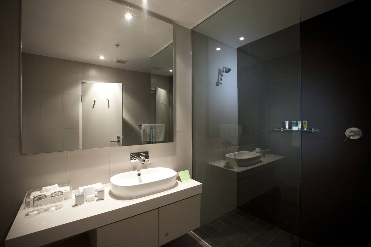 shower, eco-friendly toiletries, hair dryer, bathrobes