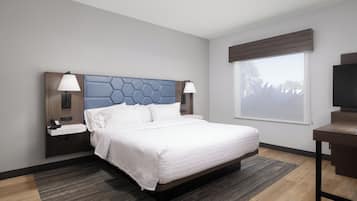 Una habitación de hotel moderna con una cama grande, un escritorio y un ventanal con vistas a árboles.