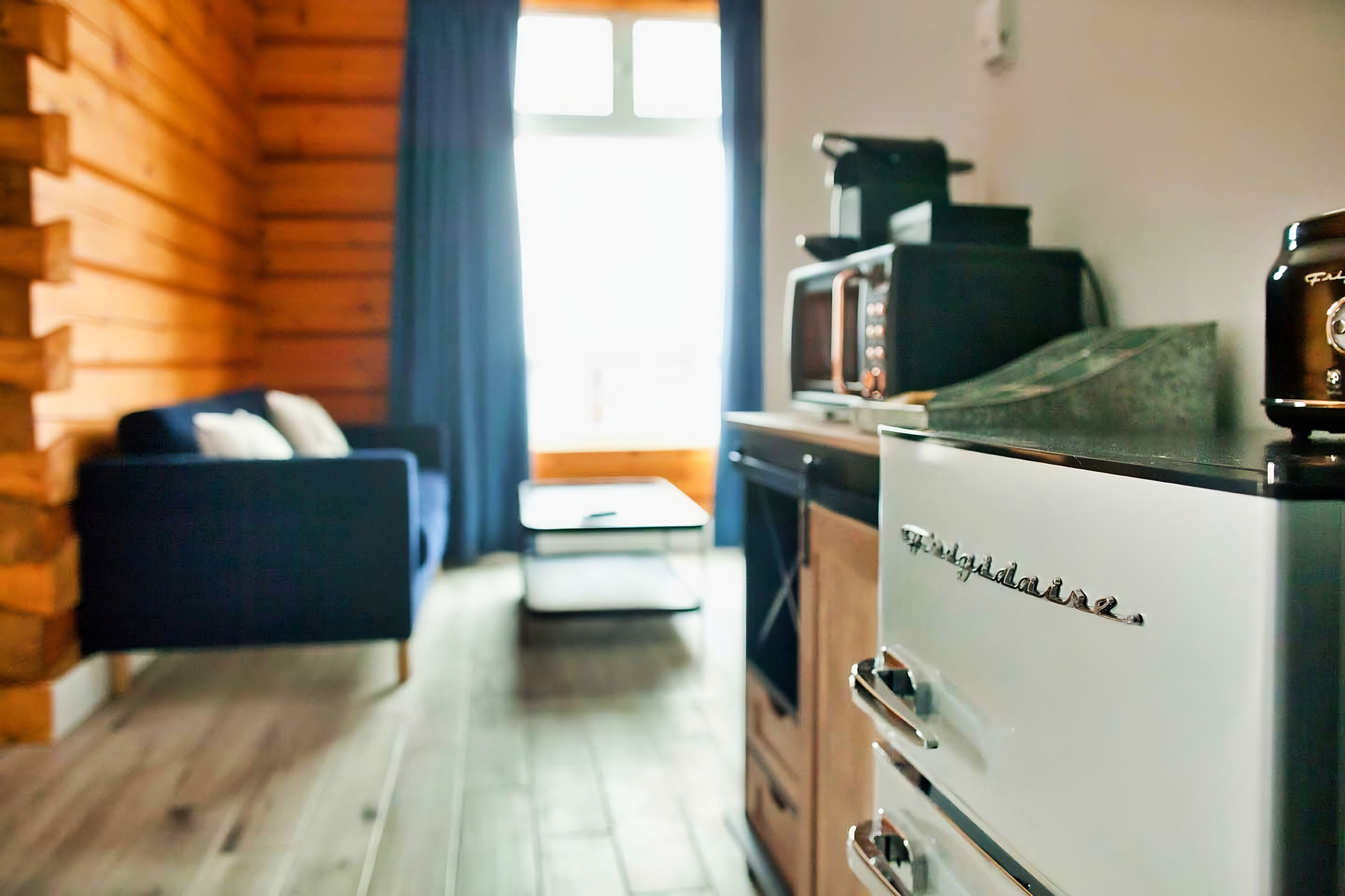 superior studio, 1 queen bed, fireplace, lake view | private kitchen | fridge, microwave, coffee/tea maker, electric kettle