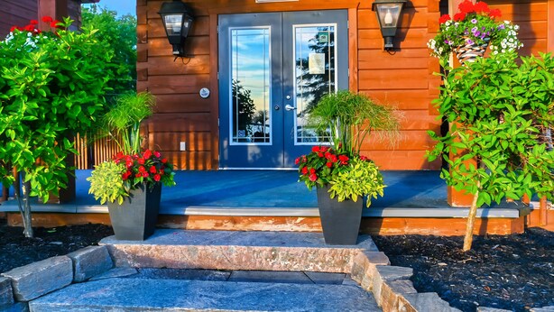 A wooden building with a sign reading "OFFICE" above the entrance. There are two potted plants with red flowers in front of the entrance. - Terrace Suites (Callander)