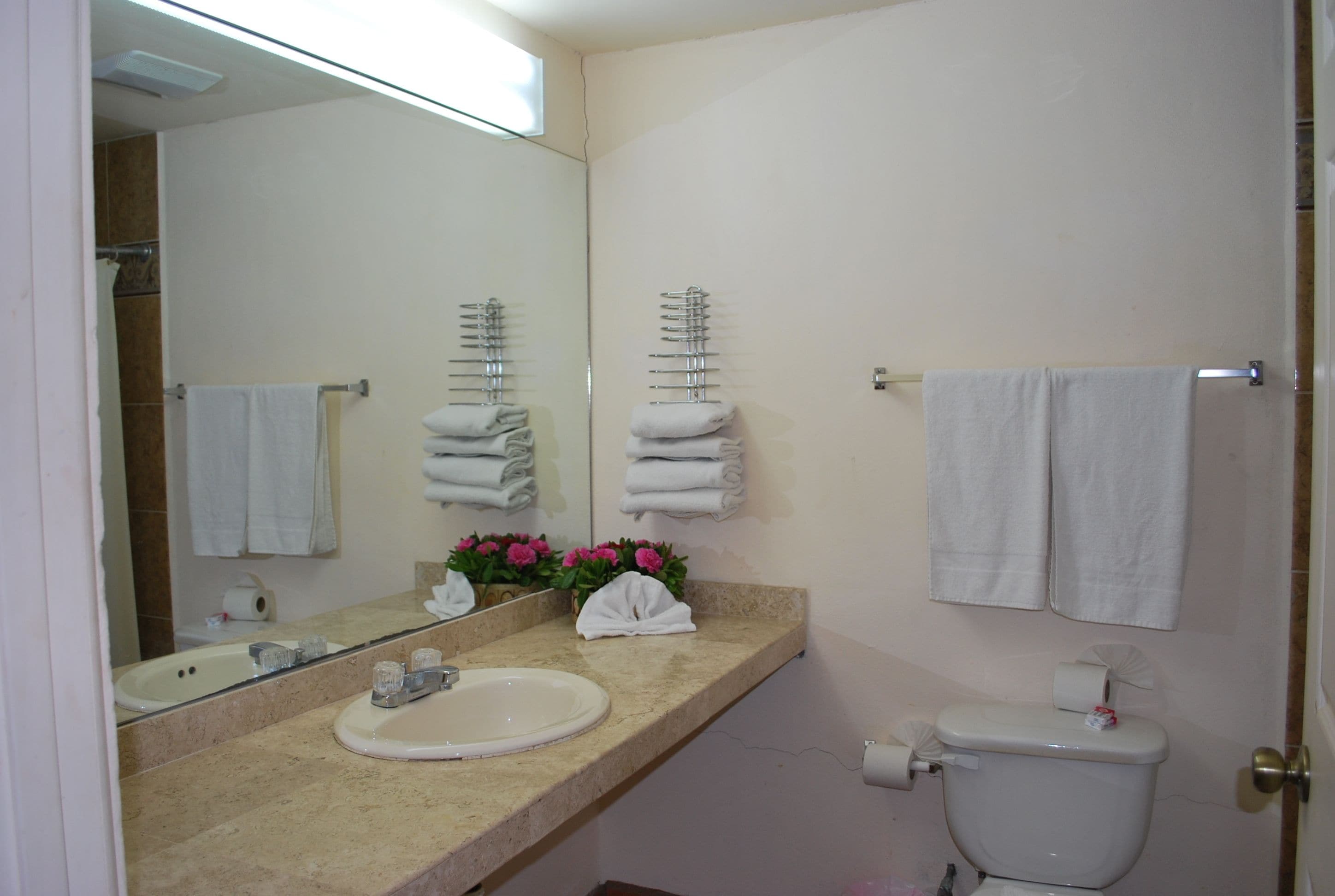 Un baño con lavamanos, espejo, toallero, inodoro y un arreglo floral.
