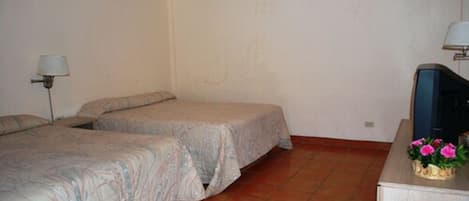 Una habitación con dos camas, ventilador de techo, televisor y una pequeña mesa con flores.