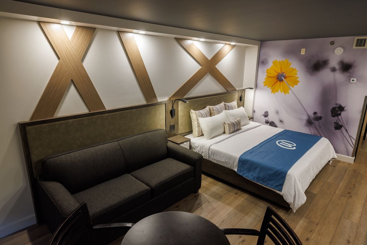A modern hotel room with a sofa, a bed with a blue blanket, and a wall with a floral mural.
