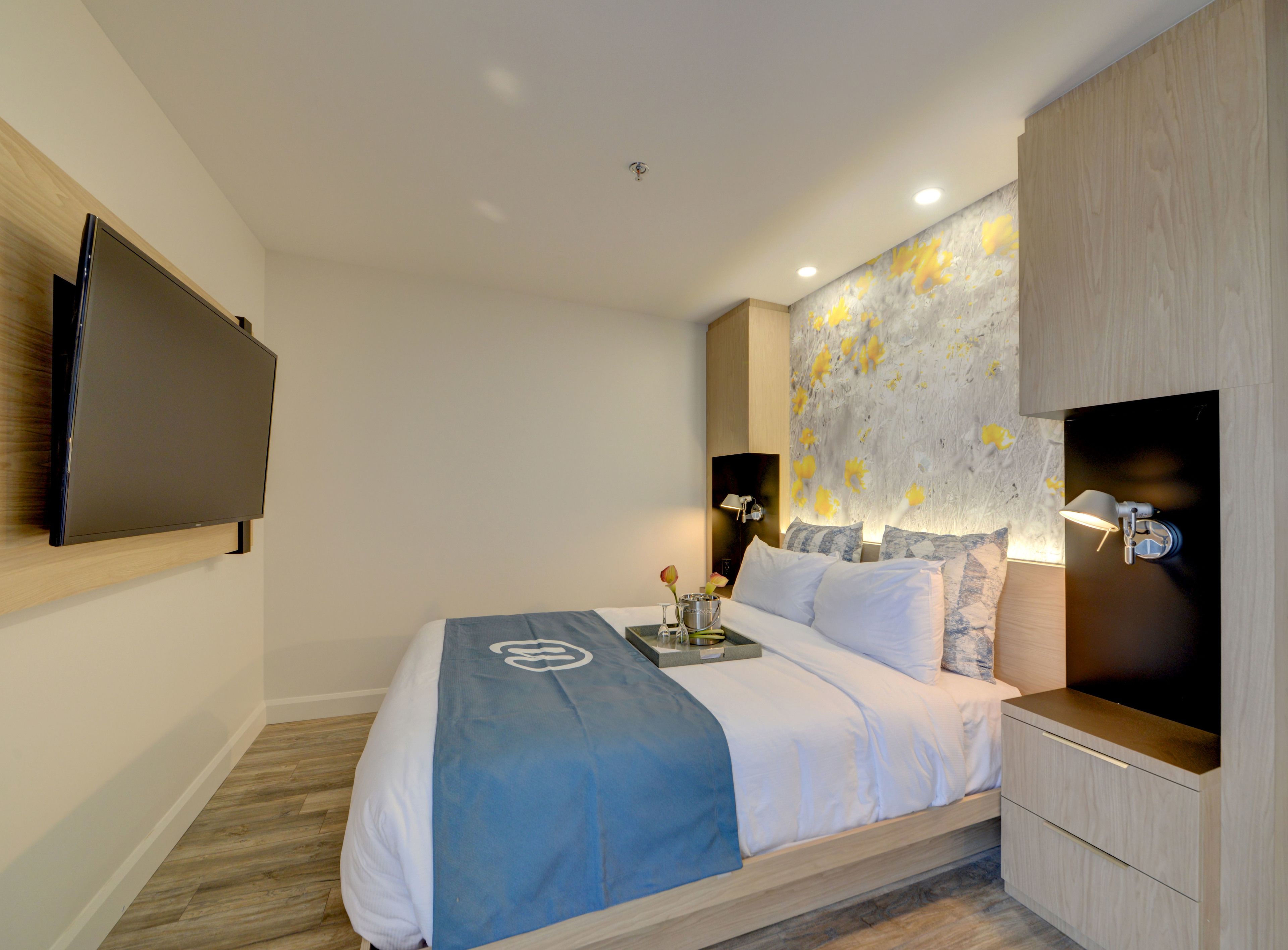 Una habitación de hotel moderna con cama, televisor de pantalla plana, mesita de noche con lámpara y un adorno en la pared.