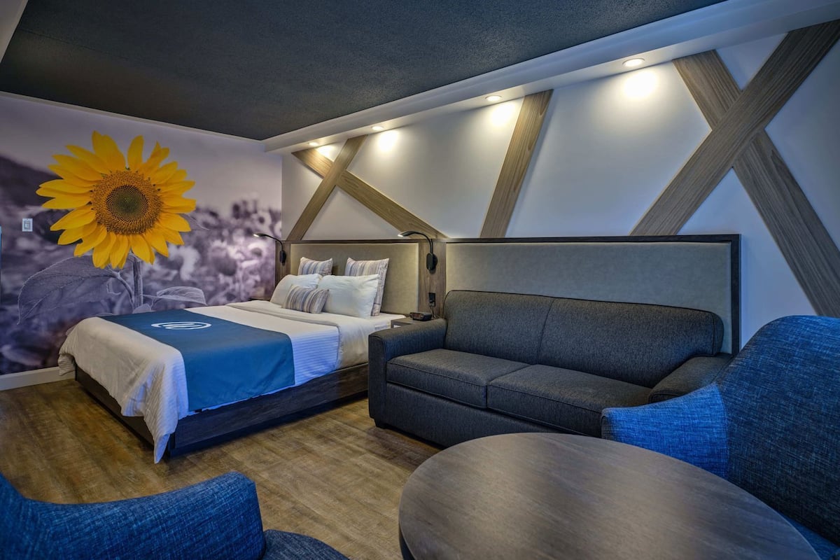 Ein Schlafzimmer mit einem Bett, einer Couch und einer Wand mit geometrischem Muster.