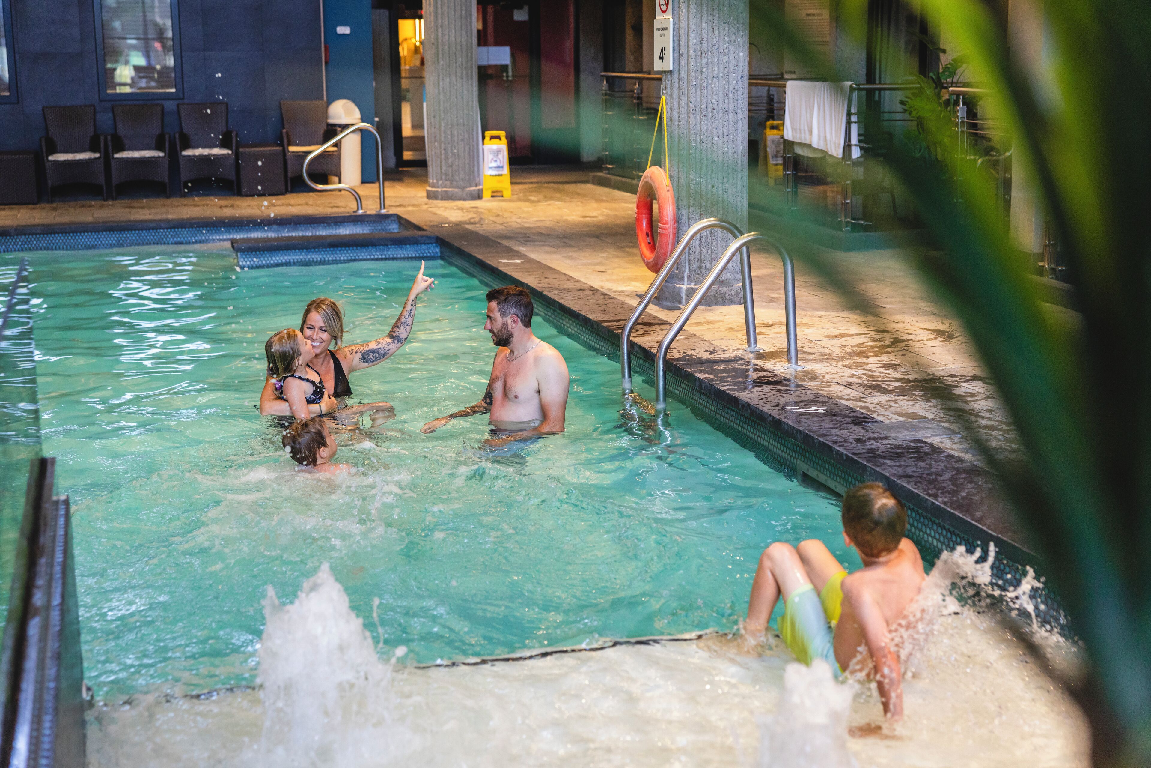indoor pool, open 8:30 am to 10:00 pm, lifeguards on site