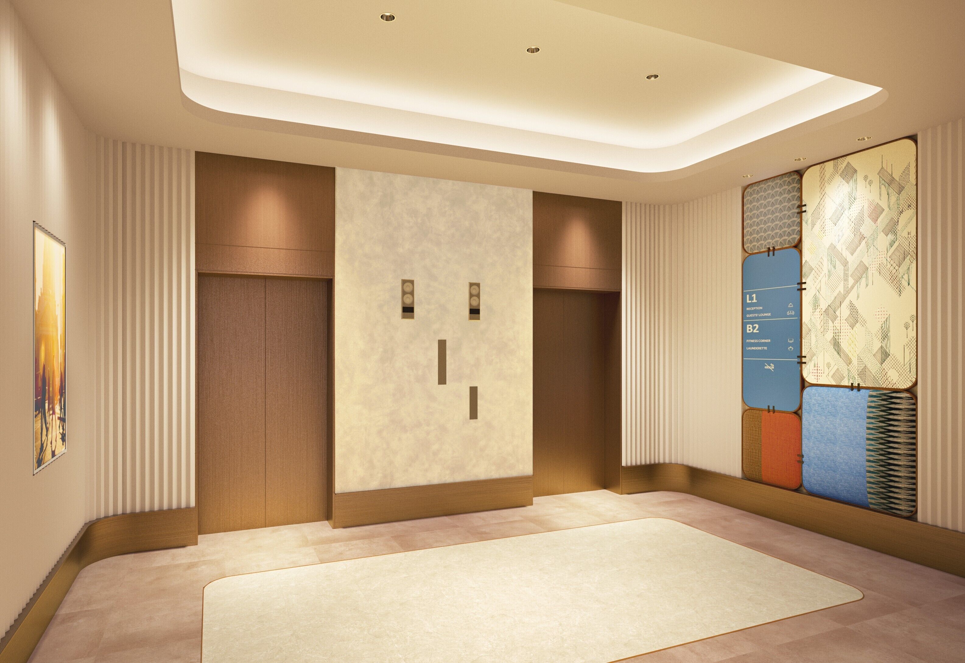 A hotel lobby with a reception desk, a wall-mounted information board, and a large abstract artwork.