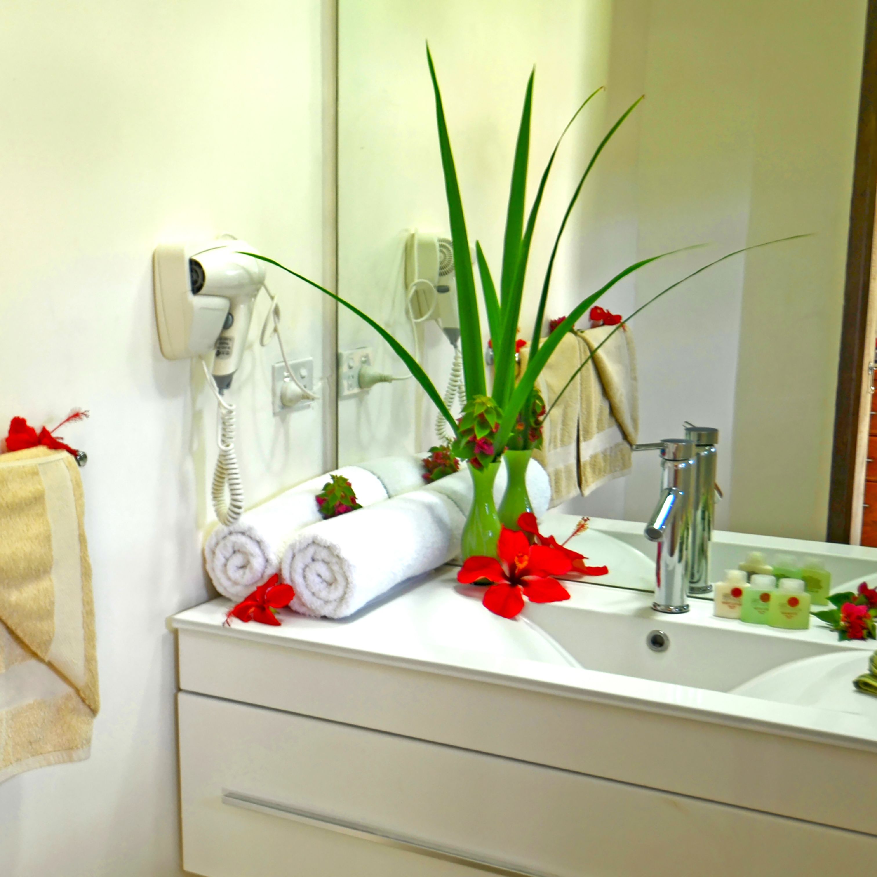 delightful waterfront studio | bathroom | shower, free toiletries, hair dryer, towels