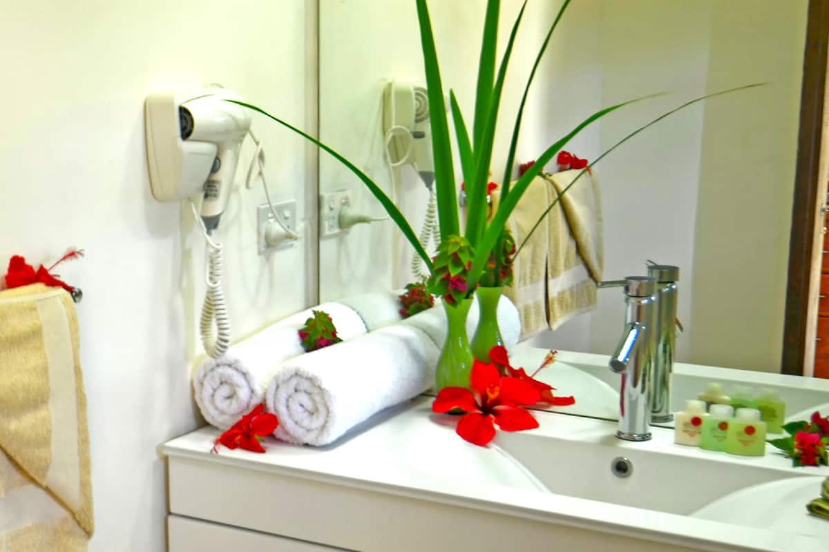 delightful waterfront studio | bathroom | shower, free toiletries, hair dryer, towels