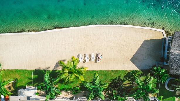 An aerial view of a beach with a row of sun loungers, palm trees, and a building with a thatched roof.