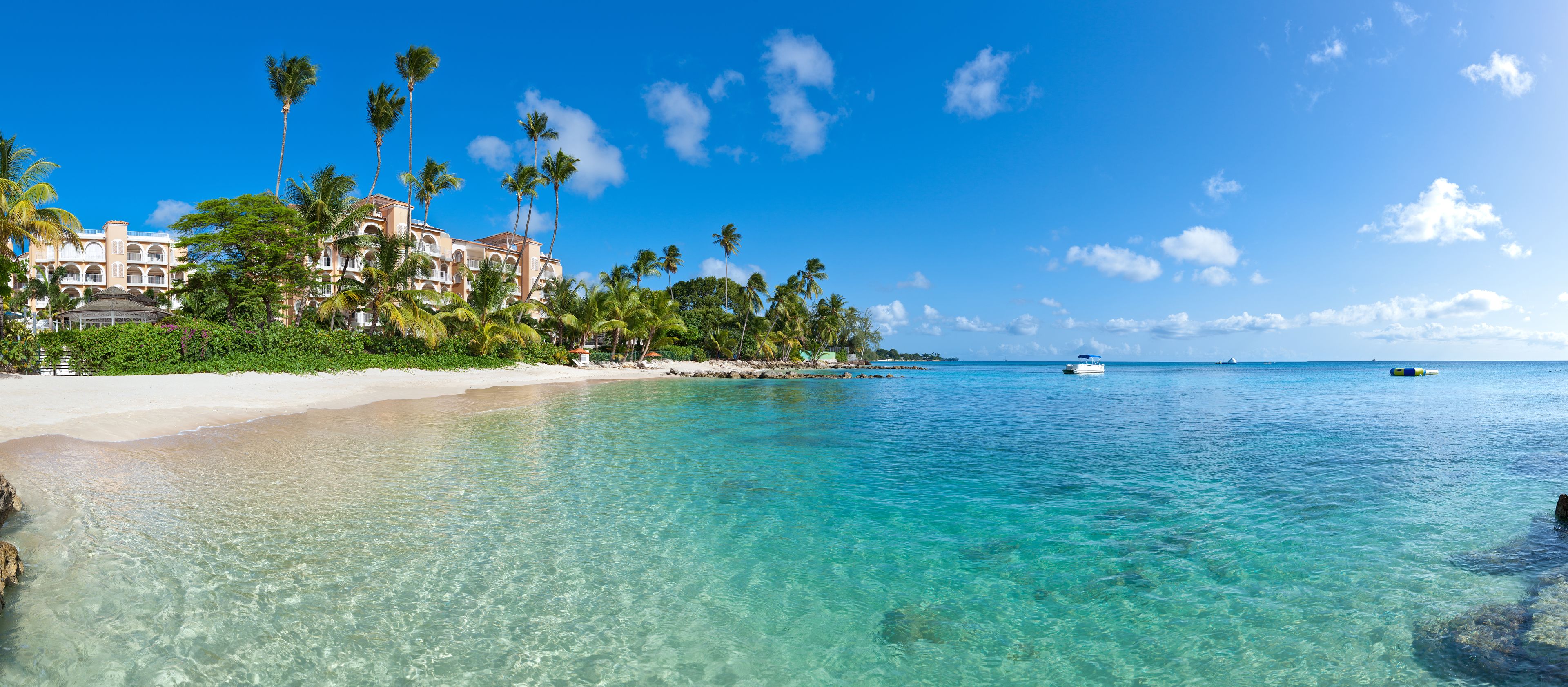 On the beach, white sand, free beach cabanas, sun loungers
