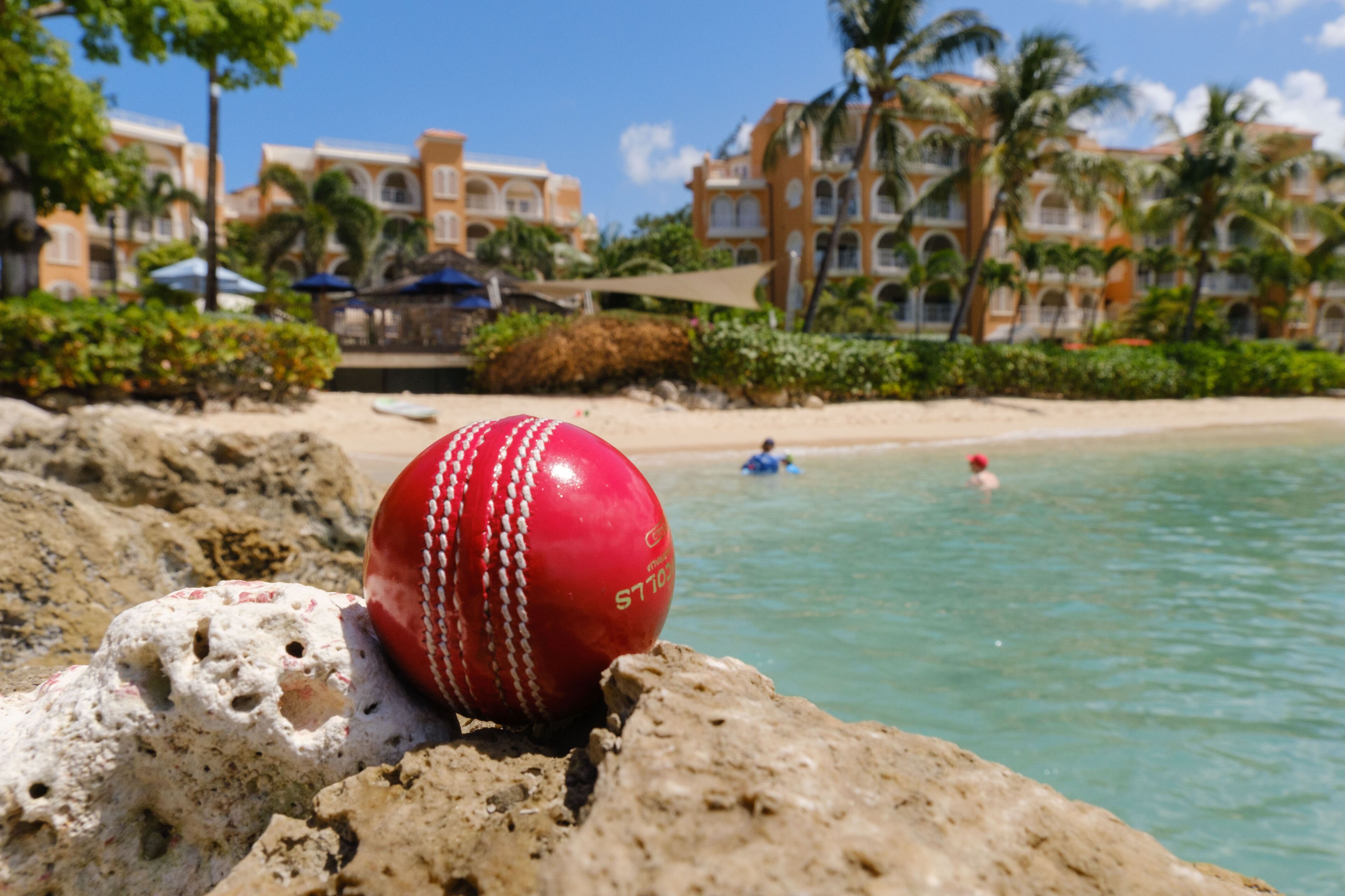 A red cricket ball on a rock by the beach, with a resort in the background.