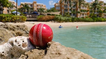 A red cricket ball on a rock by the beach, with a resort in the background.