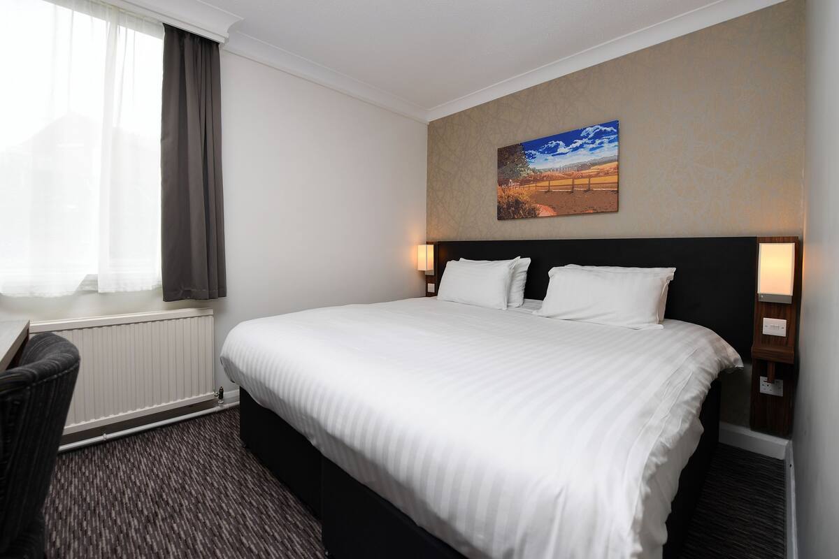 A hotel room with a large bed, a desk, and a chair. There is a window with curtains, a radiator, and a painting on the wall.