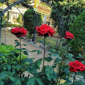 Un jardín con rosas rojas y un letrero que indica Hotel y Restaurante Trakia Garden.