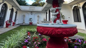 Un patio con una fuente, plantas en macetas y un edificio con ventanas de arco y fachada blanca.