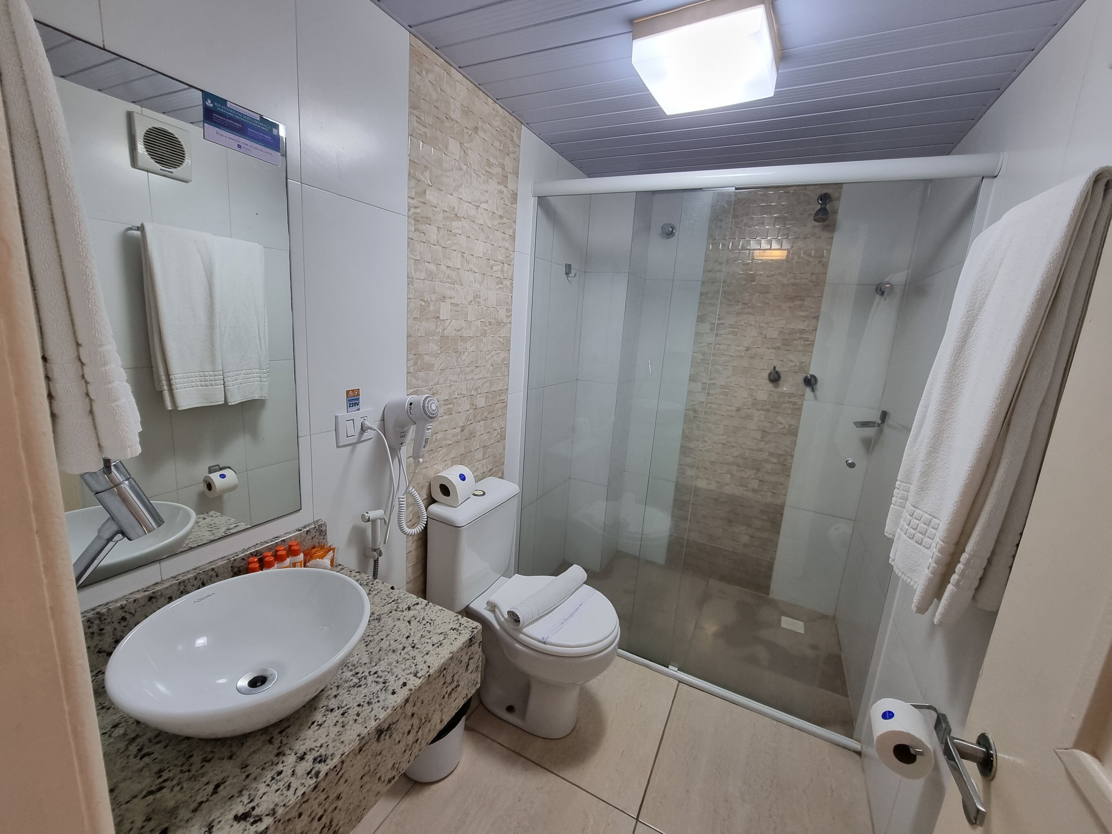 A modern bathroom with a granite countertop, a white sink, a toilet, and a glass-enclosed shower.