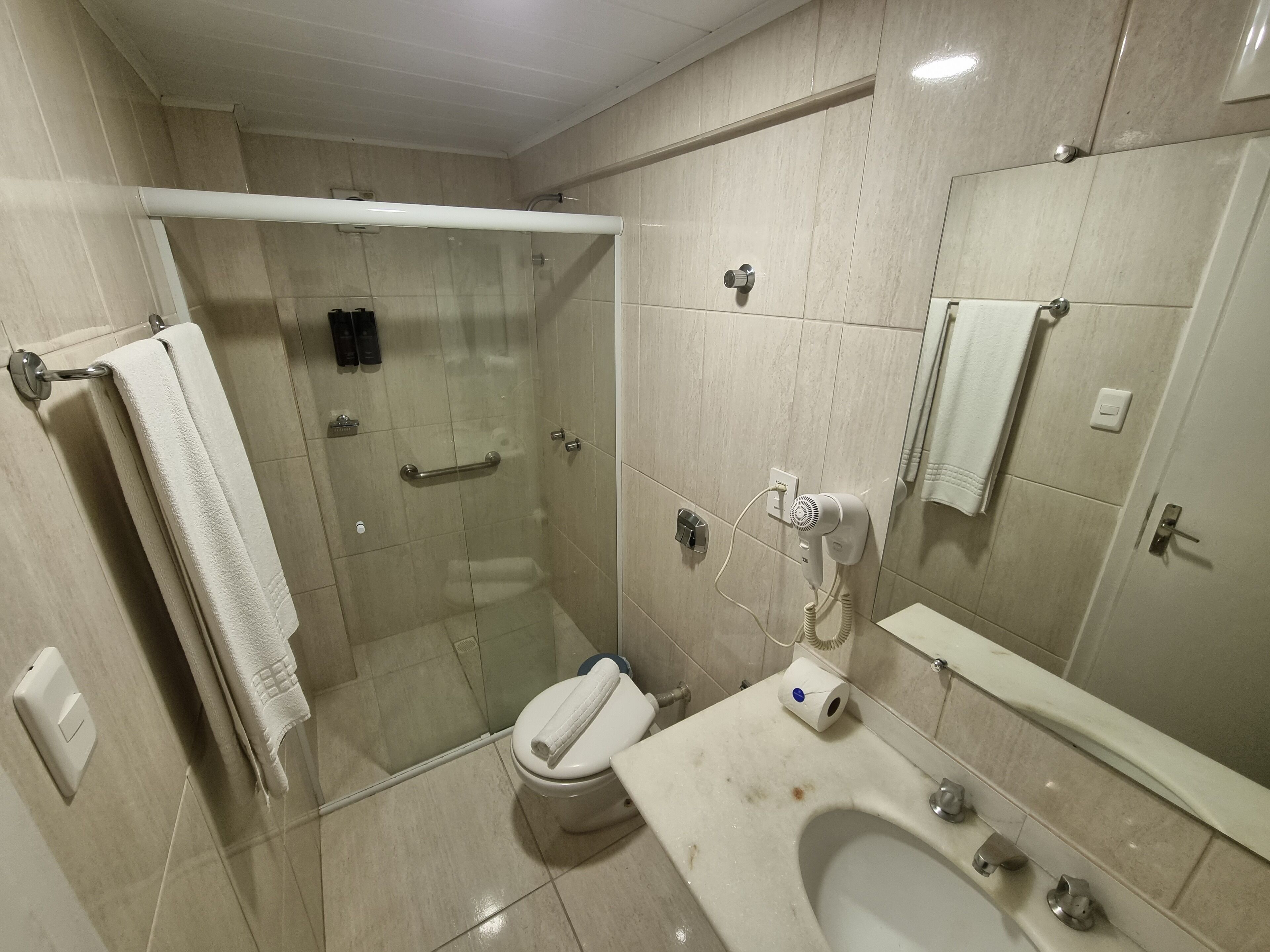 A bathroom with a glass-enclosed shower, a toilet, a sink, and a mirror.