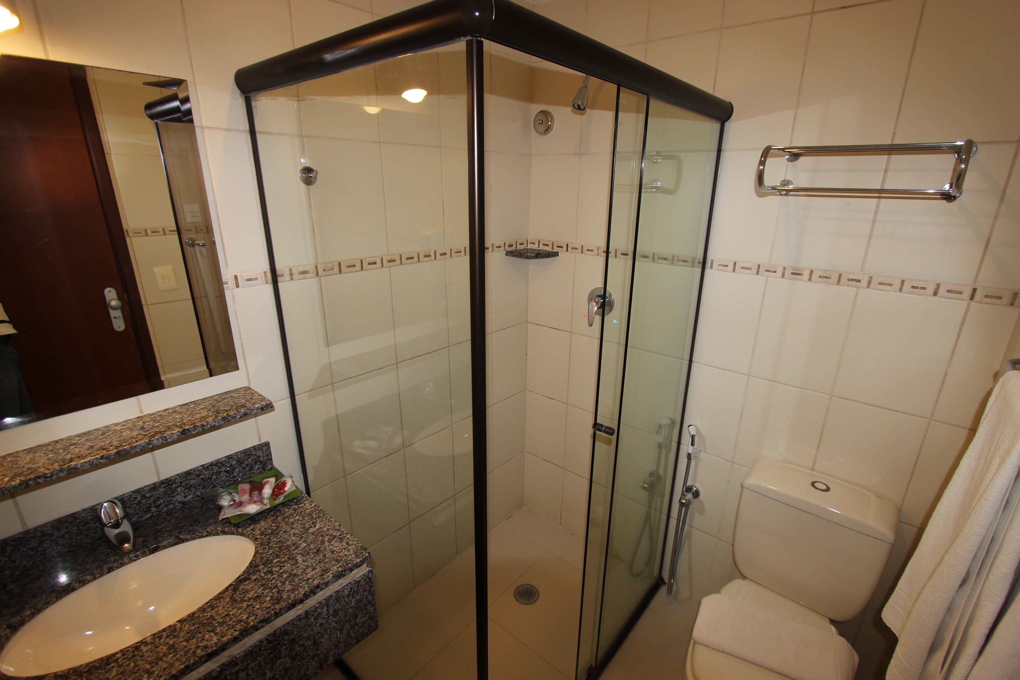 shower, free toiletries, hair dryer, towels