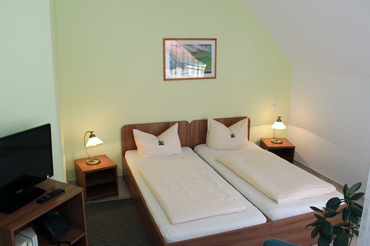 Quarto de hotel com duas camas, televisão, escrivaninha e uma pequena planta.